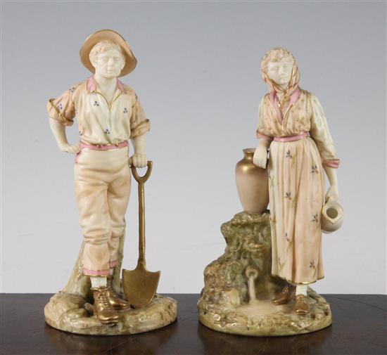 A pair of Royal Worcester porcelain figures of The Navvy and His Companion, modelled by James Hadley, c.1896, 17.5cm